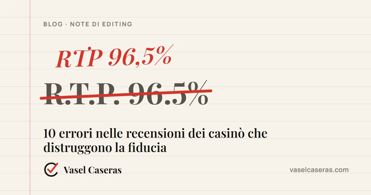 Correzione in una recensione di casinò: «R.T.P. 96.5%» corretto in «RTP 96,5%»